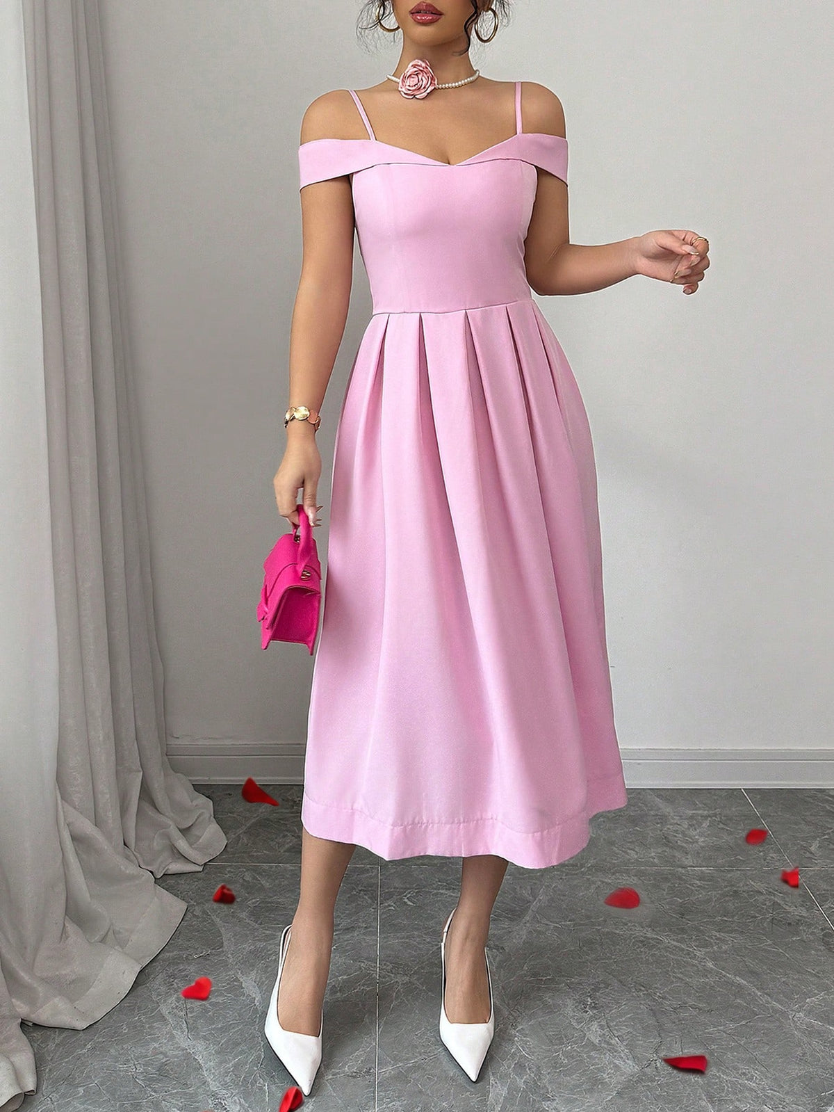 Vestido Midi Evasê Com Ombro a Ombro Elegante