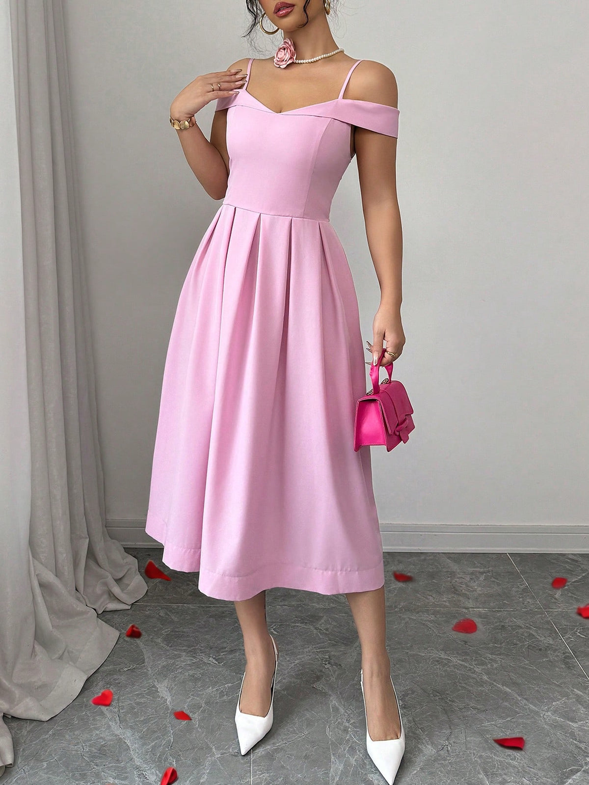 Vestido Midi Evasê Com Ombro a Ombro Elegante