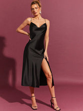 Vestido Midi Elegante Alças Finas Corrente Decote Drapeado