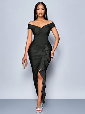 Vestido Longo Elegante Drapeado Ombro A Ombro Com Babado