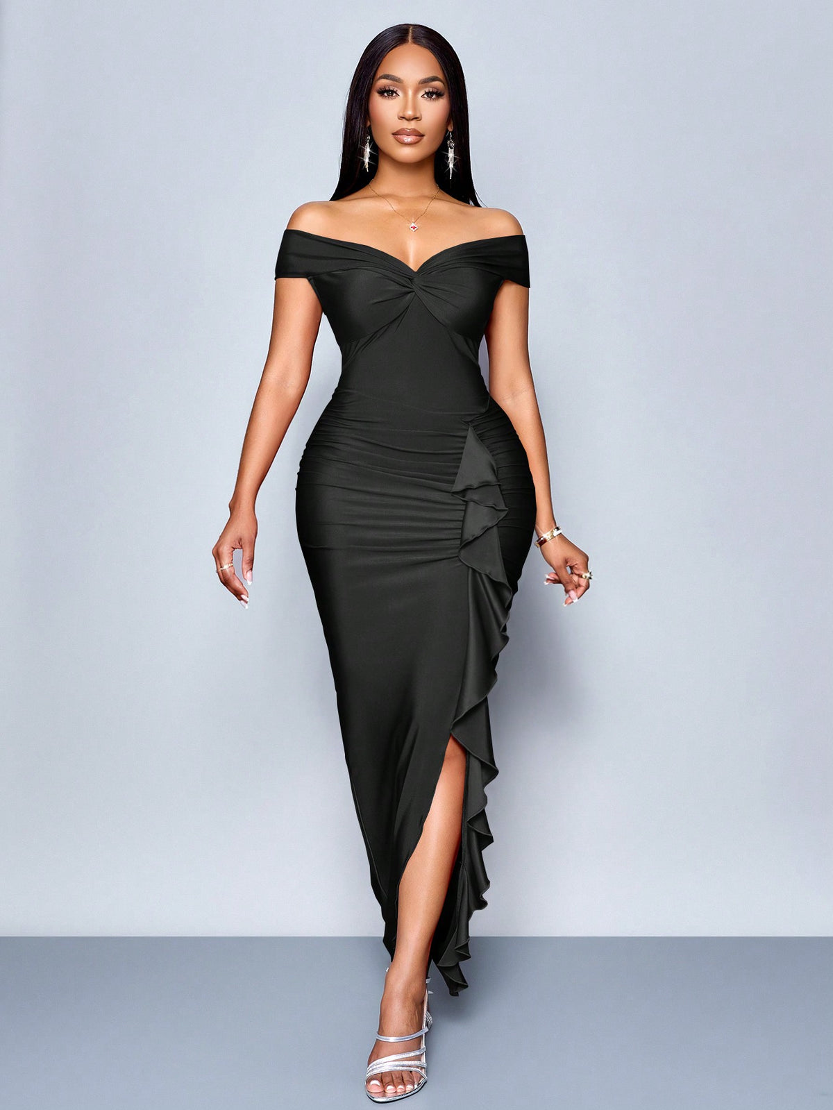 Vestido Longo Elegante Drapeado Ombro A Ombro Com Babado