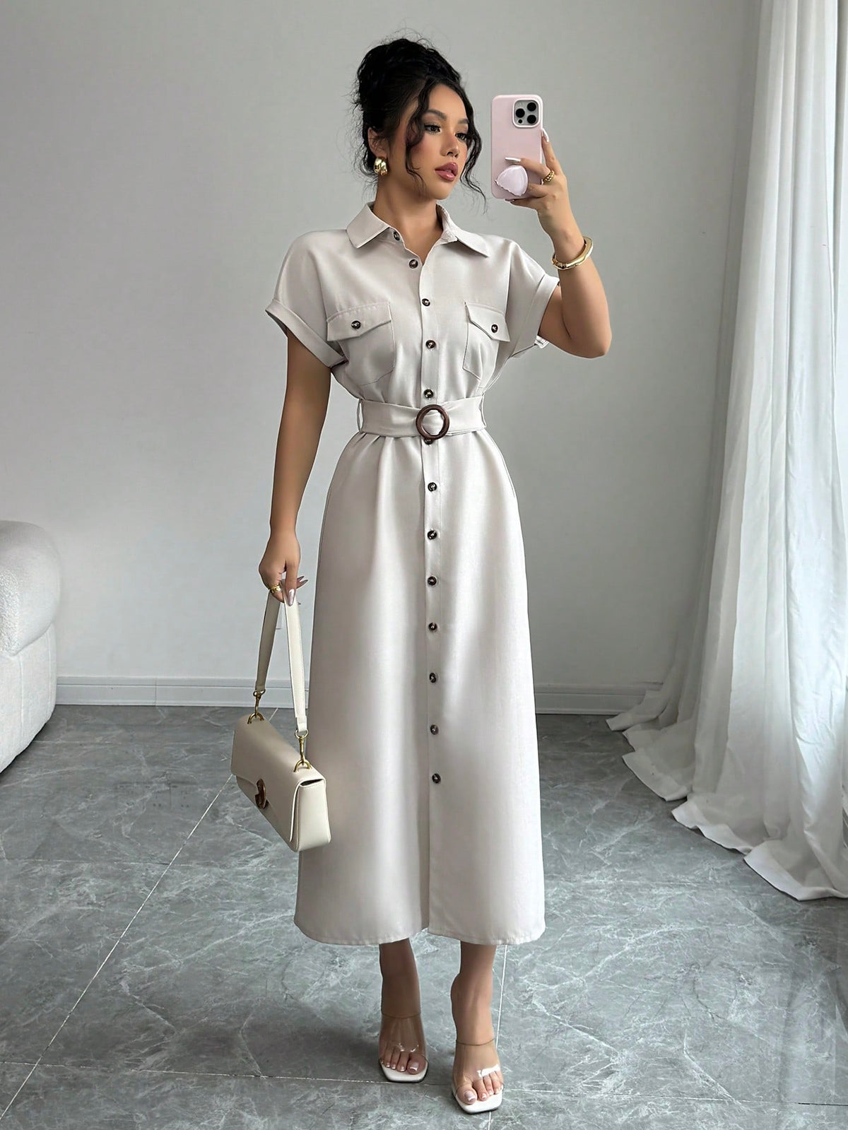 Vestido Longo Chemise Com Cinto De Fivela Elegante