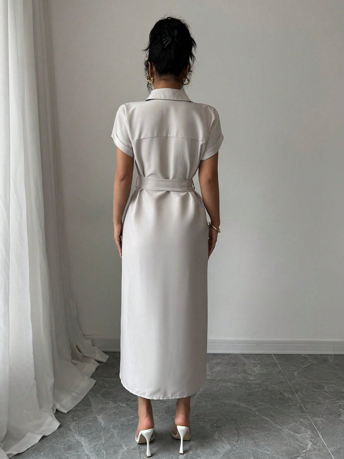 Vestido Longo Chemise Com Cinto De Fivela Elegante