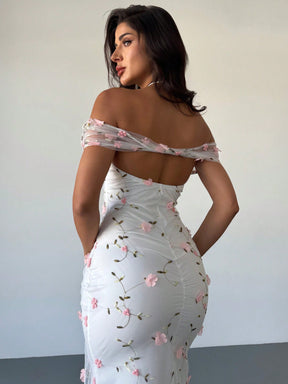 Vestido Longo Ombro A Ombro Com Estampa Floral Romântica