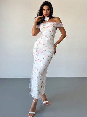 Vestido Longo Ombro A Ombro Com Estampa Floral Romântica