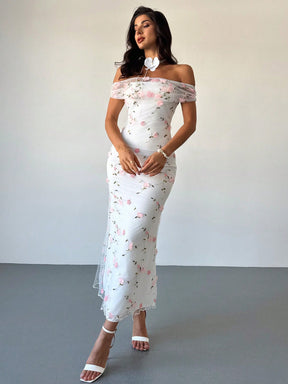 Vestido Longo Ombro A Ombro Com Estampa Floral Romântica