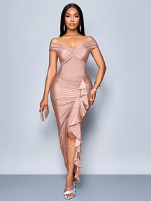 Vestido Longo Elegante Drapeado Ombro A Ombro Com Babado