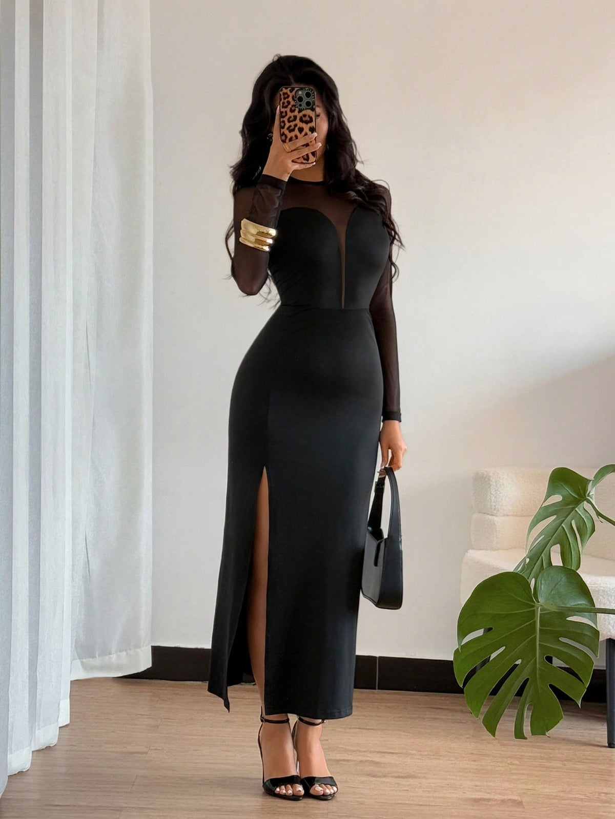 Vestido Justo Longo Elegante Com Detalhe Em Tule