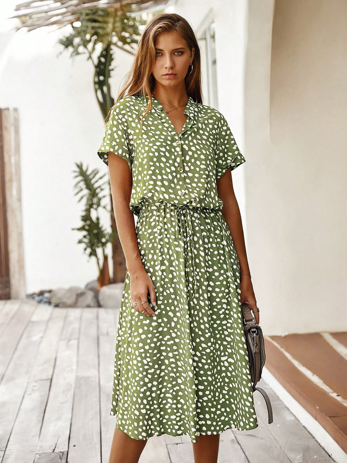 Vestido Midi Chemise Feminino Com Manga Curta