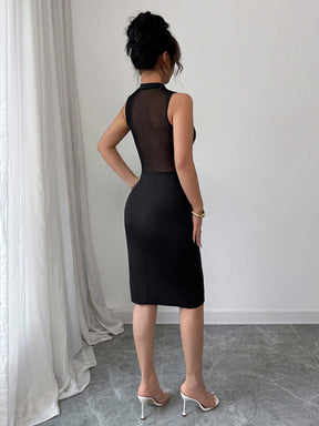 Vestido Midi Justo Com Tule Transparente E Fenda Lateral