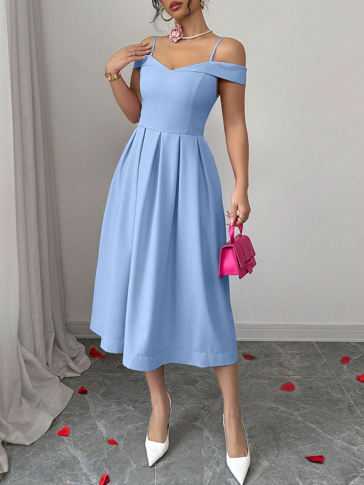 Vestido Midi Evasê Com Ombro a Ombro Elegante