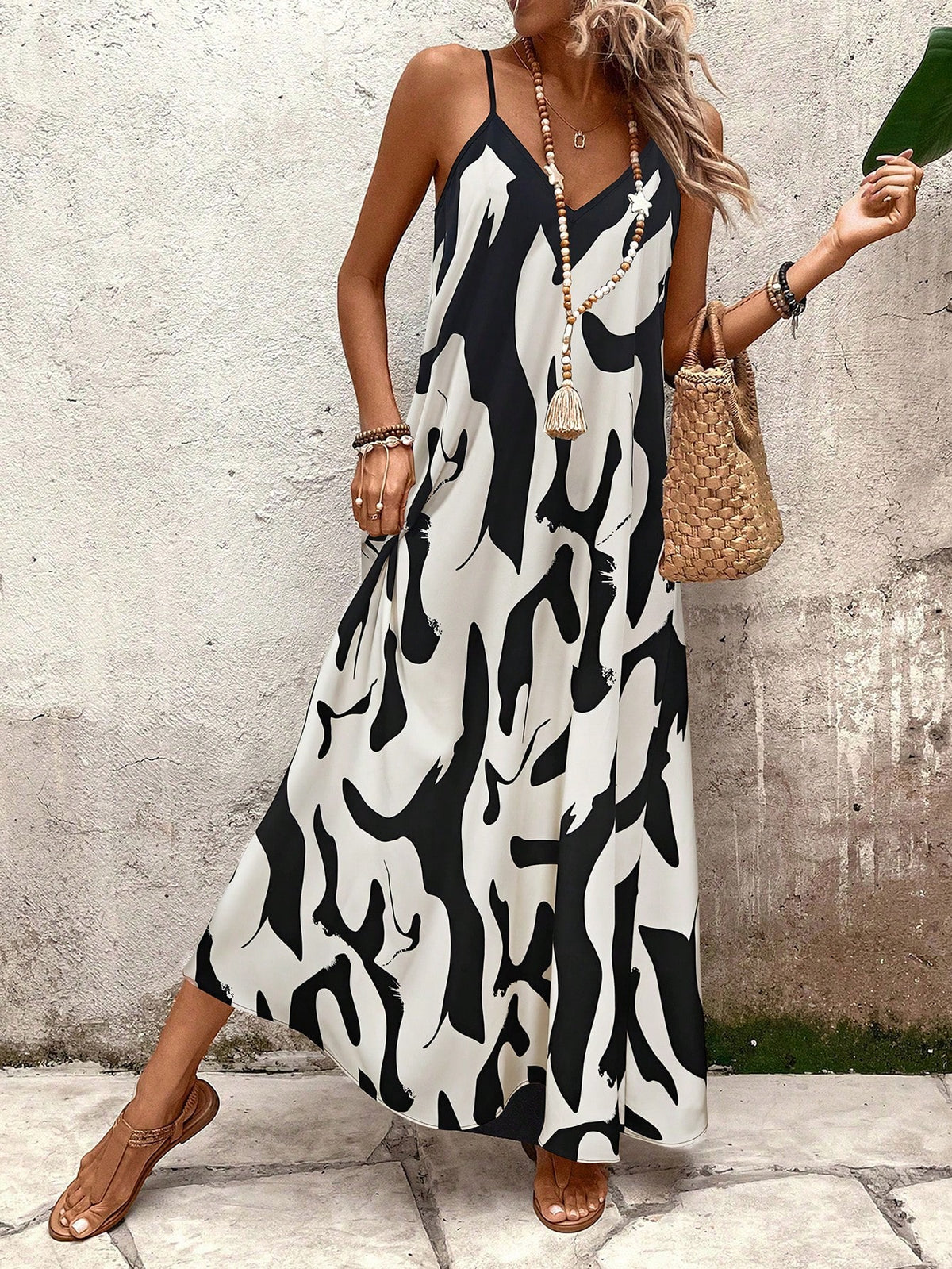 Vestido Longo Estampado Soltinho Com Alças Finas