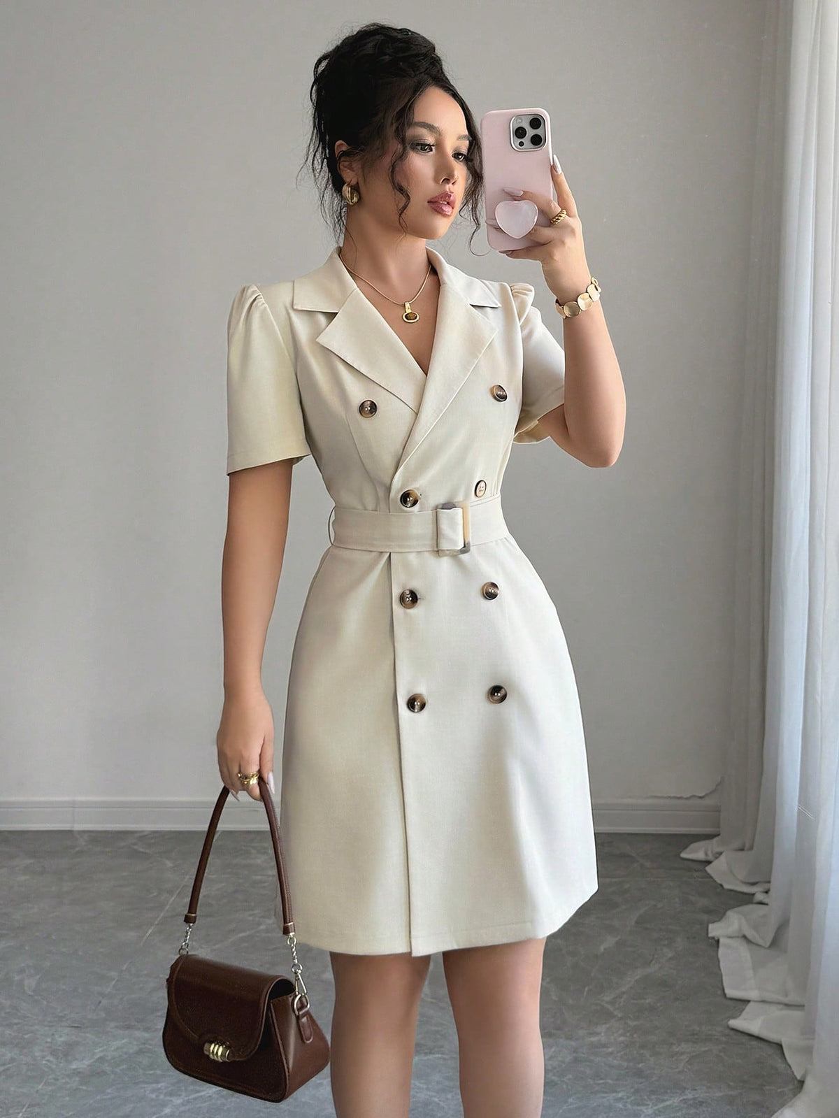 Vestido Blazer Curto Alfaiataria Com Cinto E Botões