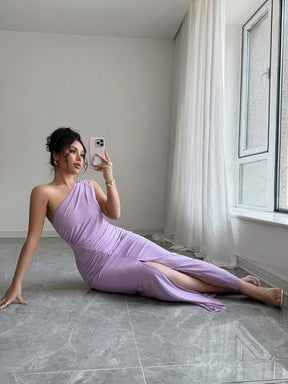 Vestido Longo Elegante Assimétrico Um Ombro Só Com Drapeado