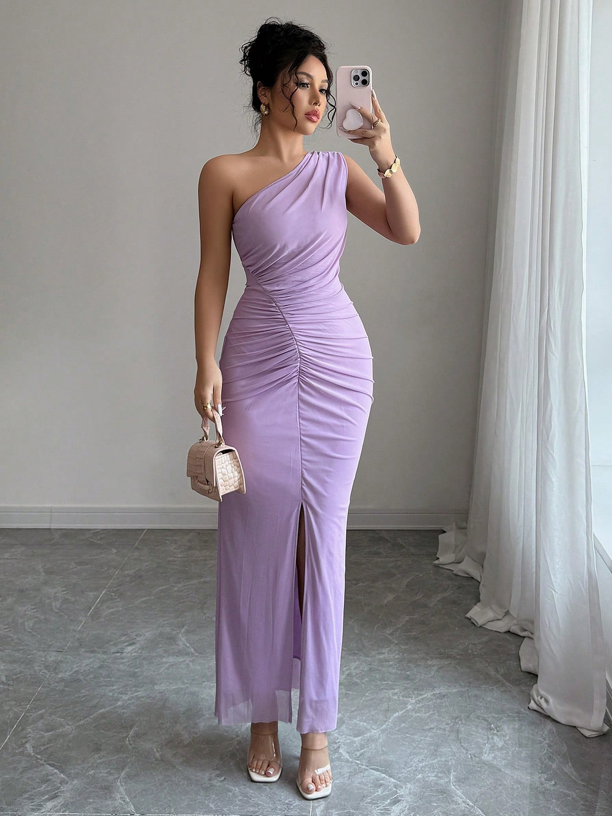 Vestido Longo Elegante Assimétrico Um Ombro Só Com Drapeado