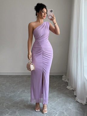Vestido Longo Elegante Assimétrico Um Ombro Só Com Drapeado