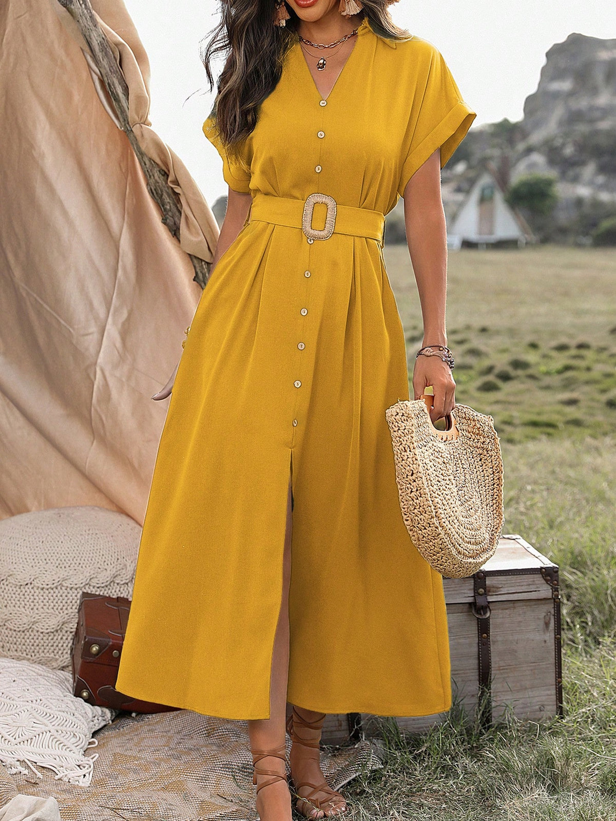 Vestido Longo Chemise Com Botões E Cinto Ajustável