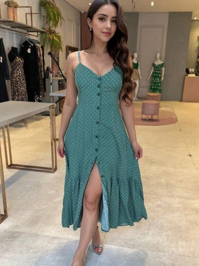 Vestido Midi De Alças Estampado Com Botões E Fenda