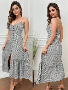 Vestido Midi De Alças Estampado Com Botões E Fenda
