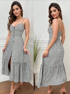 Vestido Midi De Alças Estampado Com Botões E Fenda