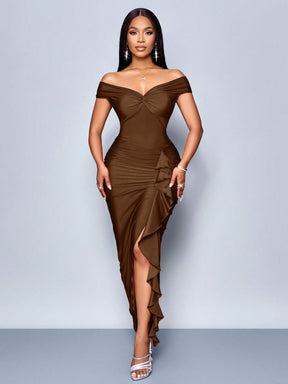 Vestido Longo Elegante Drapeado Ombro A Ombro Com Babado