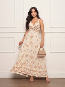 Vestido Longo Estampado Decote V Com Recorte Frontal