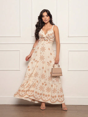 Vestido Longo Estampado Decote V Com Recorte Frontal