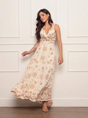 Vestido Longo Estampado Decote V Com Recorte Frontal