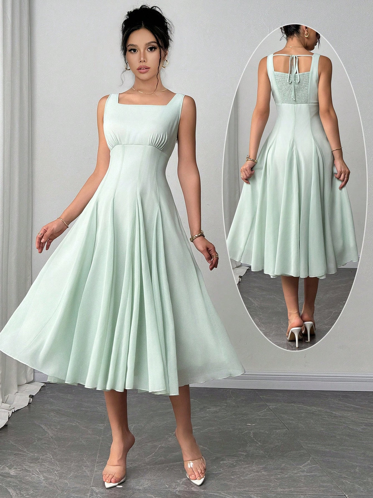 Vestido Midi Evasê Com Decote Reto Elegante