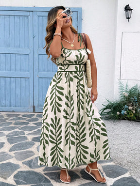 Vestido Longo Estampado com Alças Ajustáveis e Cintura Marcada