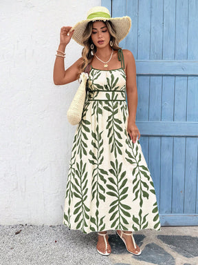 Vestido Longo Estampado com Alças Ajustáveis e Cintura Marcada