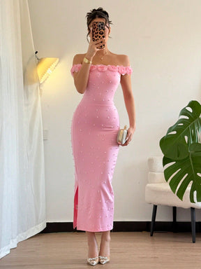 Vestido Longo Ombro a Ombro Com Pérolas e Flores