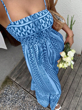 Vestido Midi Estampado Étnico com Alças Finas Ajustáveis
