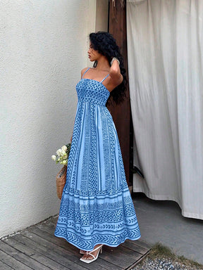 Vestido Midi Estampado Étnico com Alças Finas Ajustáveis