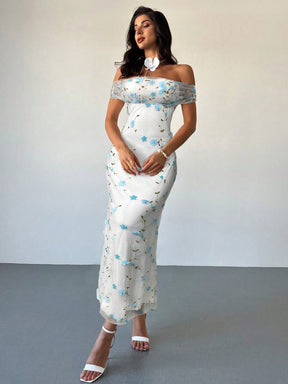 Vestido Longo Ombro A Ombro Com Estampa Floral Romântica