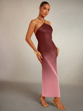 Vestido Longo de Alças Finas em Cetim Degradê Elegante