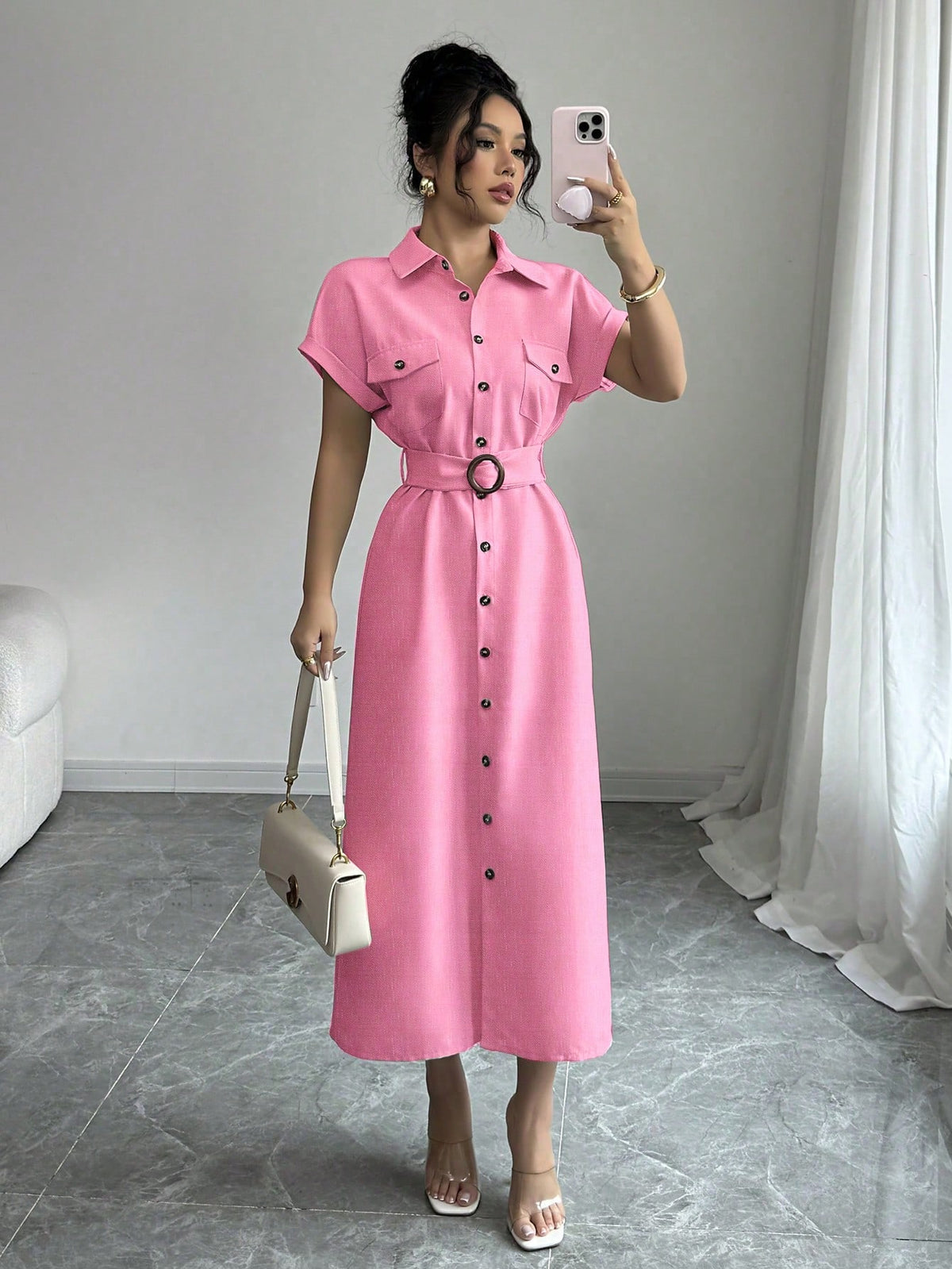 Vestido Longo Chemise Com Cinto De Fivela Elegante