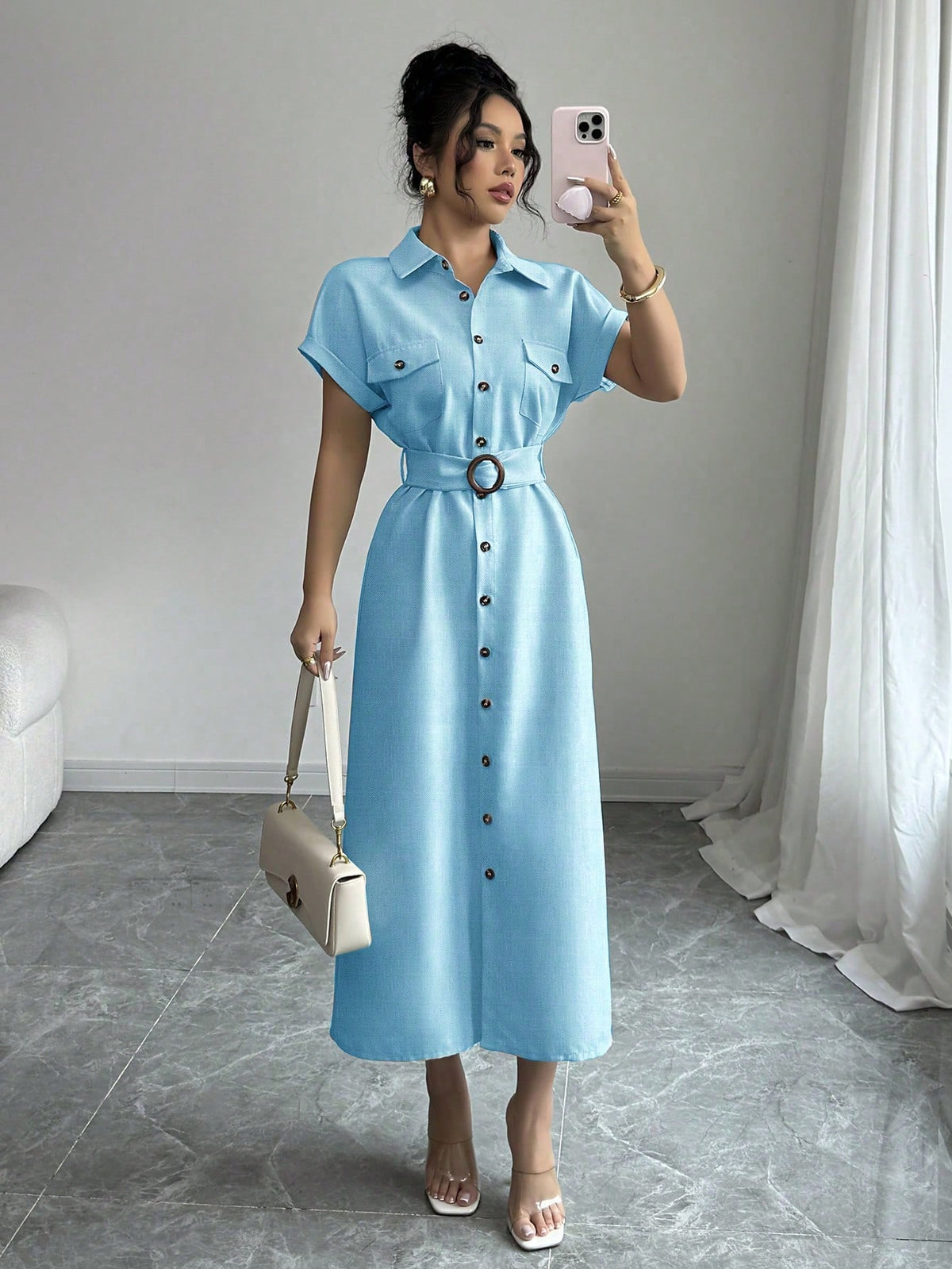 Vestido Longo Chemise Com Cinto De Fivela Elegante