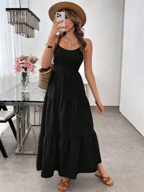 Vestido Longo Verde Com Laço Nas Costas E Camadas Fluídas