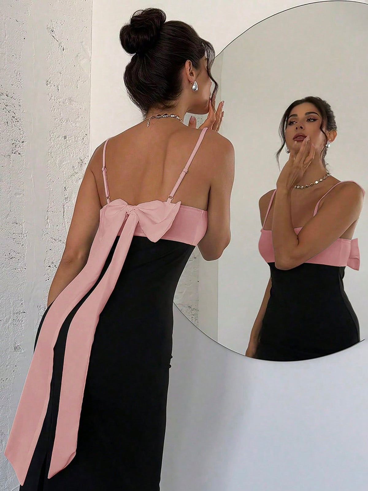 Vestido Midi Com Alças Finas E Laço Elegante Nas Costas