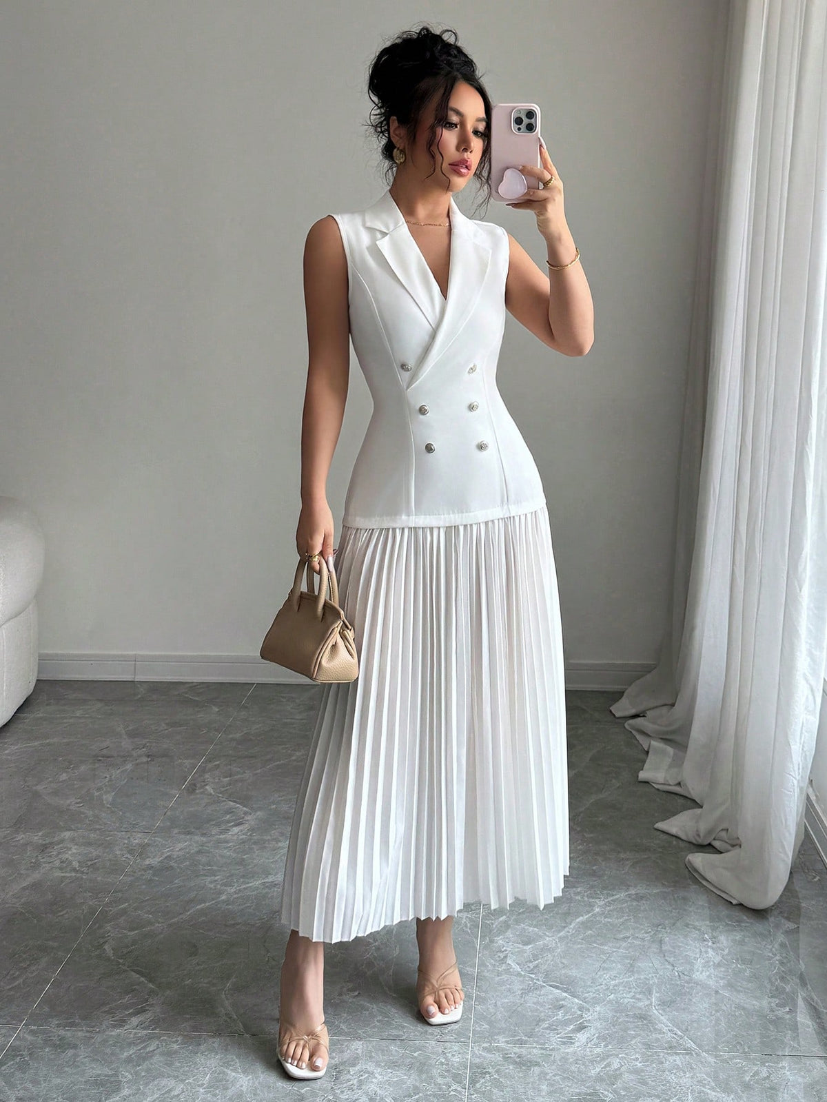Vestido Blazer Longo Sem Manga Com Saia Plissada Elegante