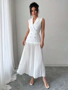 Vestido Blazer Longo Sem Manga Com Saia Plissada Elegante