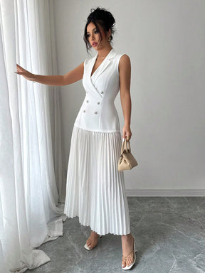 Vestido Blazer Longo Sem Manga Com Saia Plissada Elegante