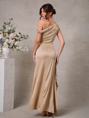 Vestido Longo Um Ombro Só Cetim Com Fenda Sofisticada