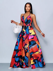 Vestido Longo Estampado Decote Halter Com Saia Rodada