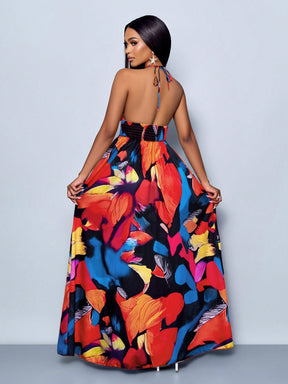 Vestido Longo Estampado Decote Halter Com Saia Rodada