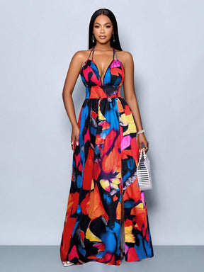 Vestido Longo Estampado Decote Halter Com Saia Rodada