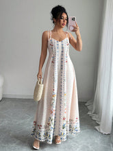 Vestido Longo Estampado com Alças Finas e Barra Decorada