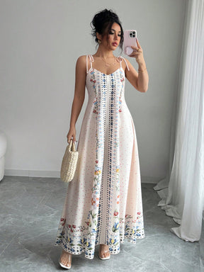 Vestido Longo Estampado com Alças Finas e Barra Decorada