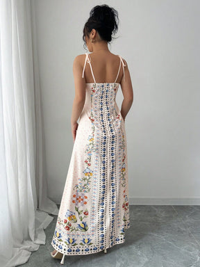 Vestido Longo Estampado com Alças Finas e Barra Decorada